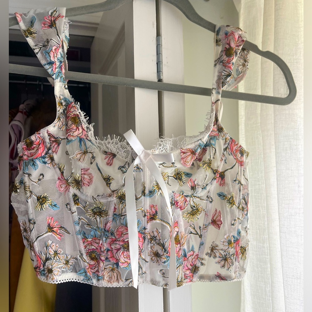 Victoria’s Secret x forloveandlemons - White and pink floral corset top
